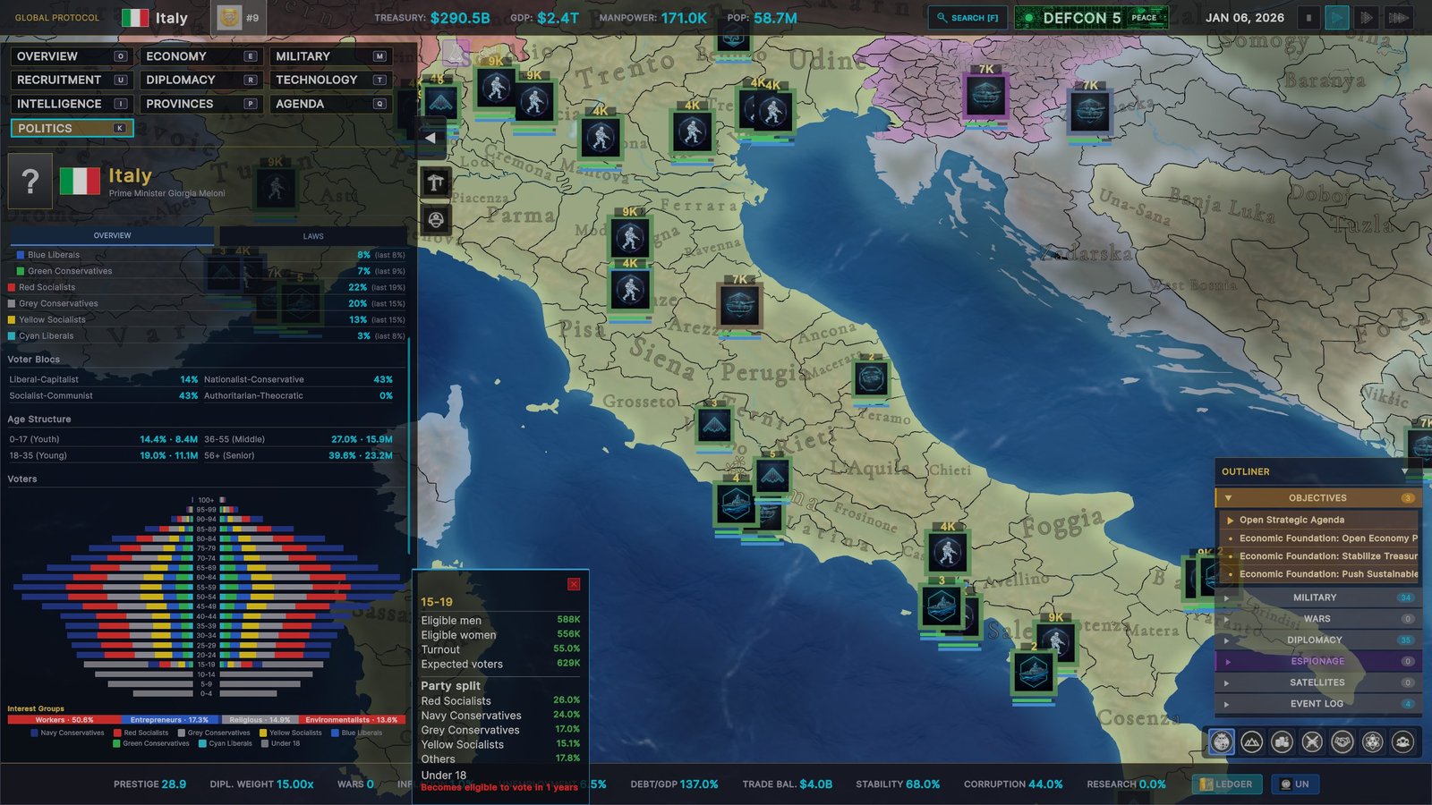 Italy's voter pyramid in the Politics tab: each age band split by party, with a tooltip showing turnout and the party split for 15–19-year-olds