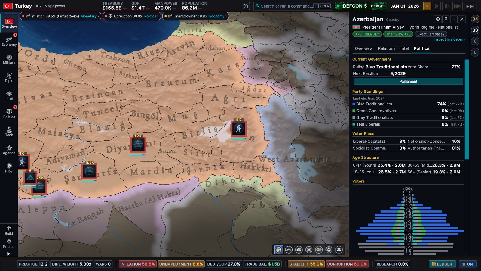 Azerbaijan's Country card in the dock: relations +70 Friendly, the Politics tab with the ruling party at 77 % vote share, party standings, voter blocs, age structure and a voter pyramid