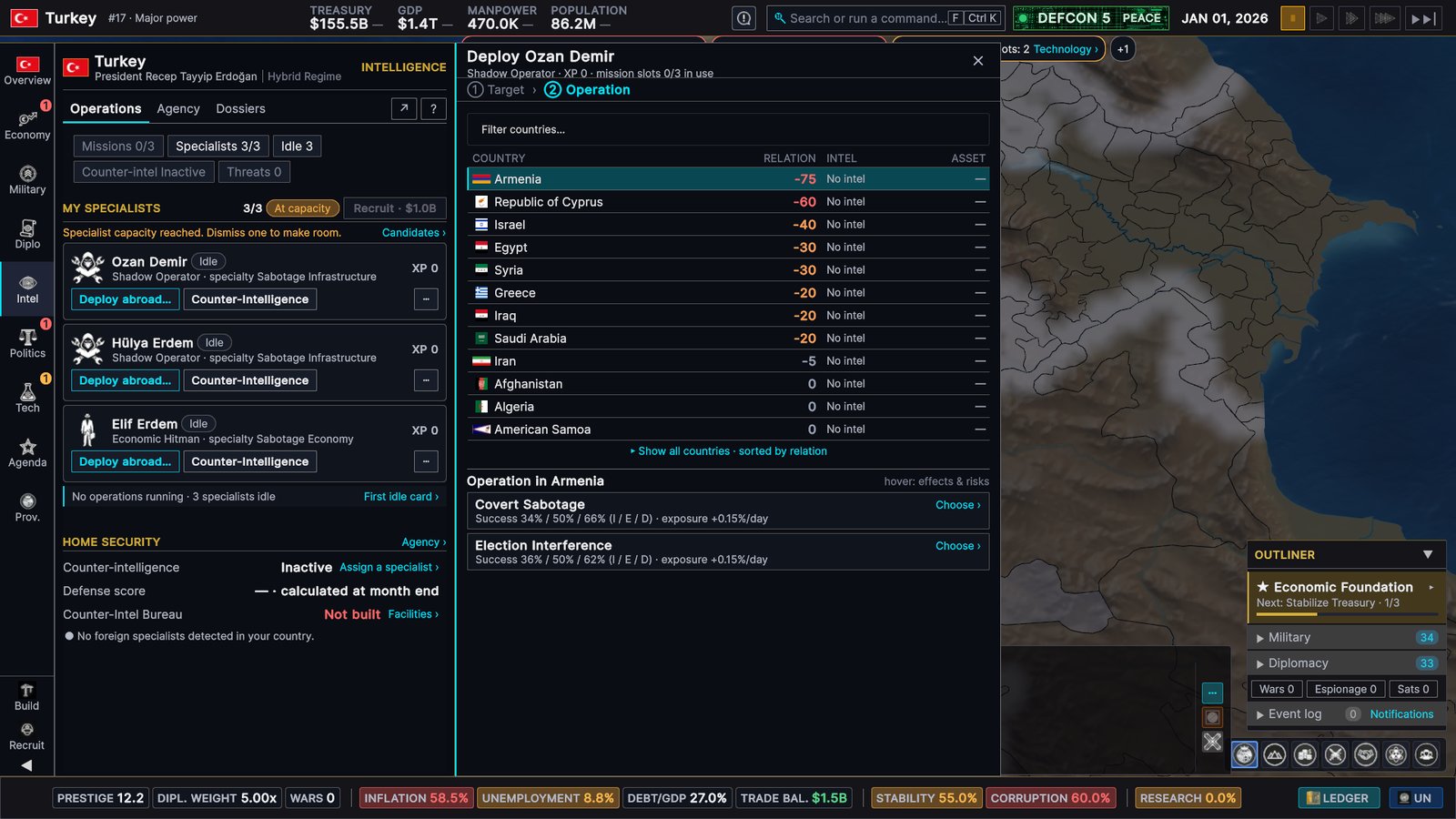 The Intelligence Operations page with a Deploy drawer for a specialist: a target list sorted by relation, starting with Armenia and the Republic of Cyprus, and available operations with their success chances and exposure