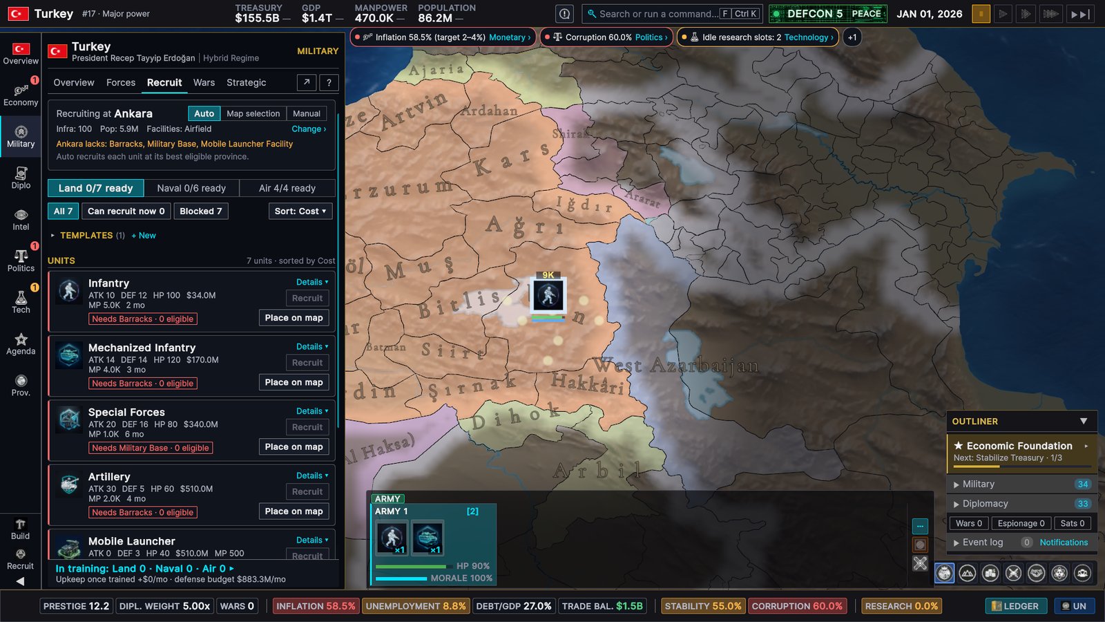 The Military Recruit page recruiting at Ankara: Auto, Map selection and Manual modes, Land, Naval and Air tabs with how many units are ready, and unit cards that show their stats, cost and what they need, such as Needs Barracks · 0 eligible