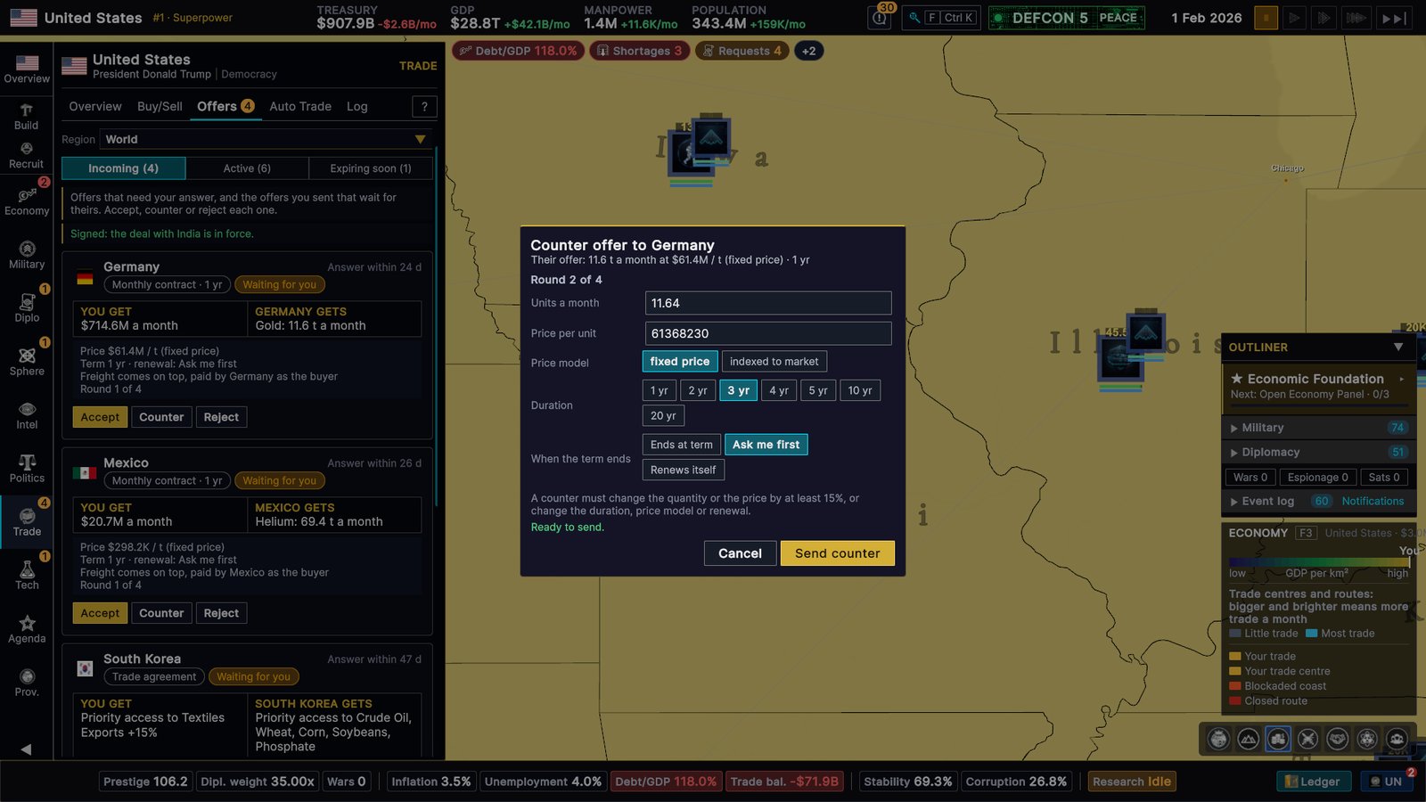 The counter offer window to Germany, round 2 of 4: units a month, price per unit, a fixed price or indexed to market choice, duration buttons from 1 to 20 years with 3 years selected, what happens when the term ends, and the rule that a counter must change quantity or price by at least 15% or change the duration, price model or renewal