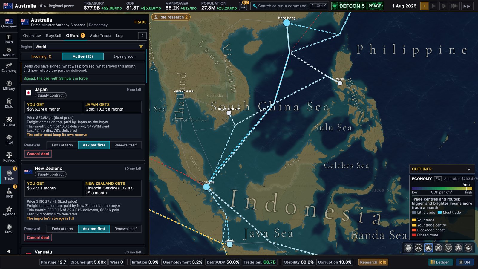 Australia's active deals in August 2026: a supply contract selling gold to Japan with 8.3 of 10.3 tonnes delivered this month, 78% delivered over the last 12 months and the note that the seller must keep its own reserve, and a contract with New Zealand, each with renewal options and a Cancel deal button