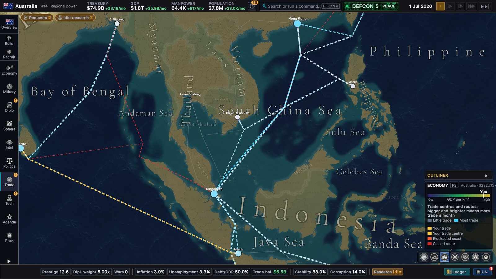 The Economy map of Southeast Asia in July 2026: the lanes through the Strait of Malacca and from Hong Kong toward the Taiwan Strait drawn as red closed routes, open lanes between Singapore, Ho Chi Minh City, Manila, Hong Kong and Jakarta, and Australia's gold trade route running south of Indonesia