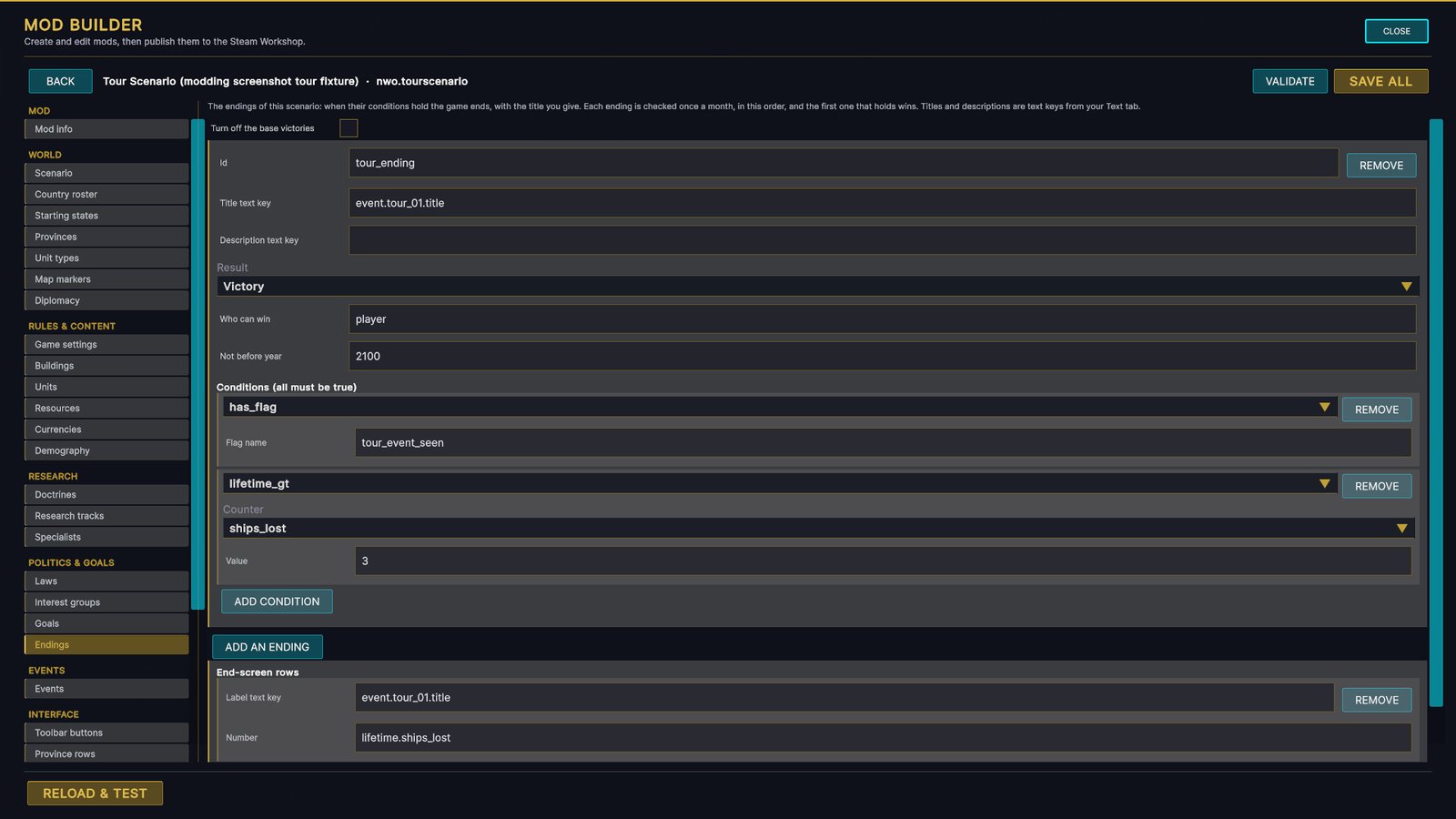 The Mod Builder's Endings page: an ending with its title key, result Victory, who can win, the earliest year, conditions such as a flag being set and a lifetime counter of ships lost above a value, Add condition, and end-screen rows