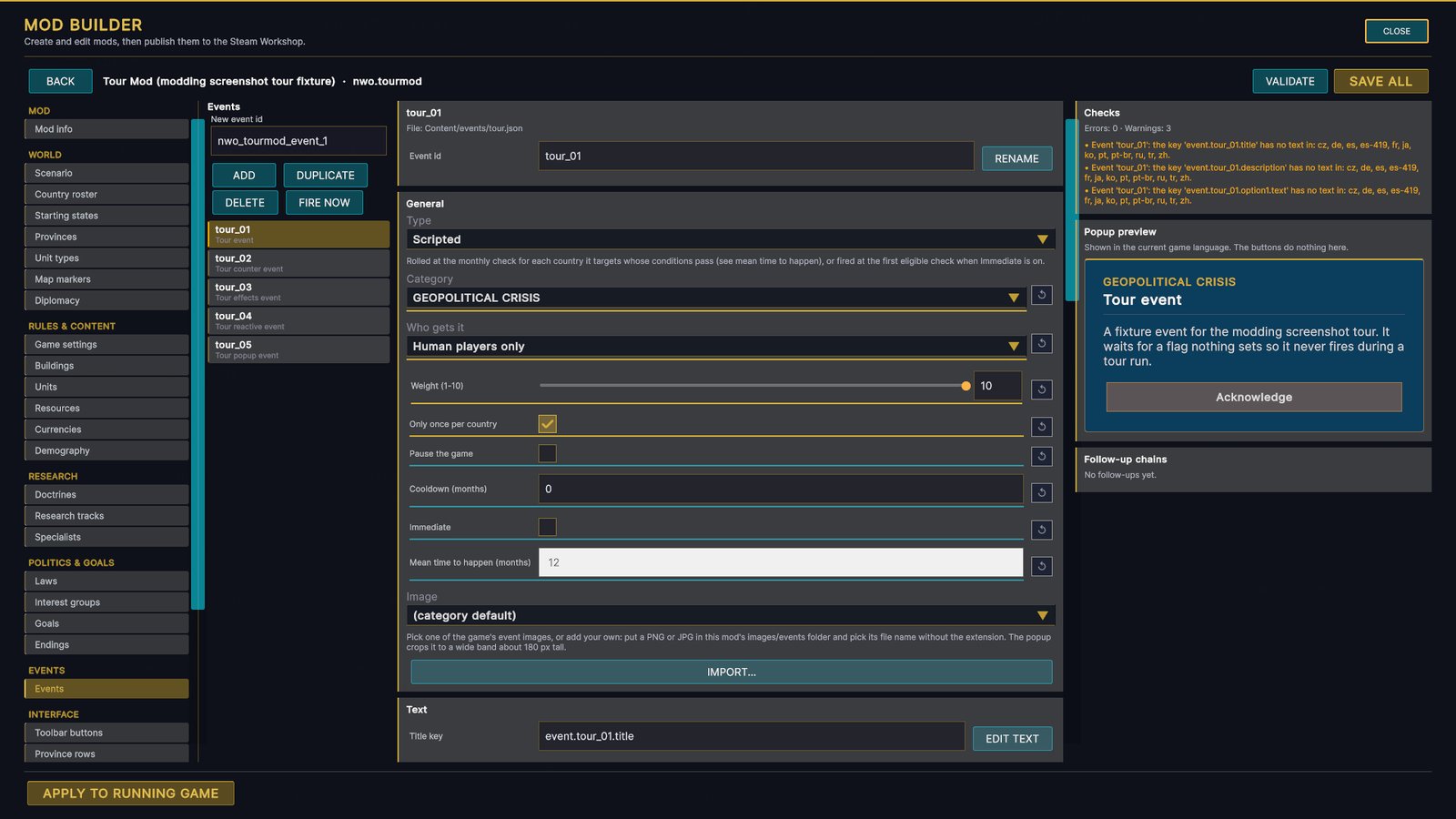 The Mod Builder's Events page: the grouped menu on the left, a list of events with Add, Duplicate, Delete and Fire now, the selected event's type, category, audience, weight, cooldown and image, a Checks panel listing missing translations, a live popup preview, and the Apply to running game button