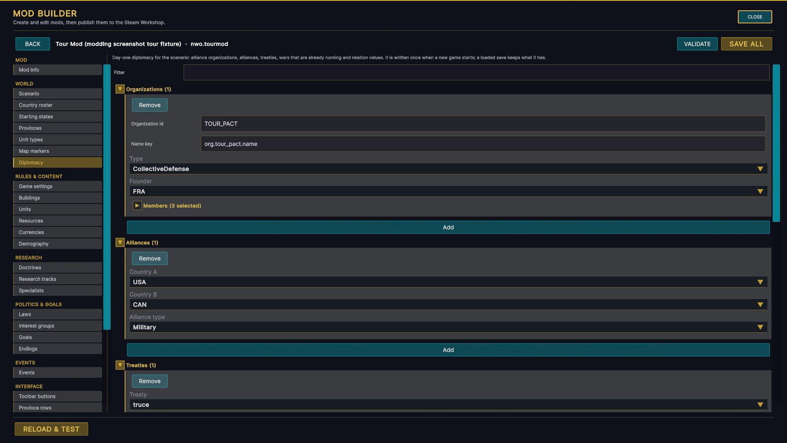 The Mod Builder's Diplomacy page for a scenario: a collective-defence organisation founded by France with three members, a military alliance between the United States and Canada, and a truce treaty, each with Add and Remove