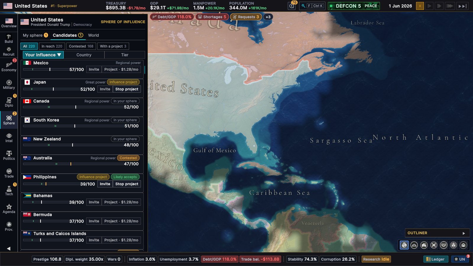 The United States Sphere Candidates tab in June 2026: country cards sorted by influence — Mexico 57/100, Japan 52/100 with an influence project, Canada, South Korea and New Zealand already in the sphere, Australia marked Contested, the Philippines with an influence project and a Likely accepts chip — each with Invite and Project buttons and the project's monthly cost